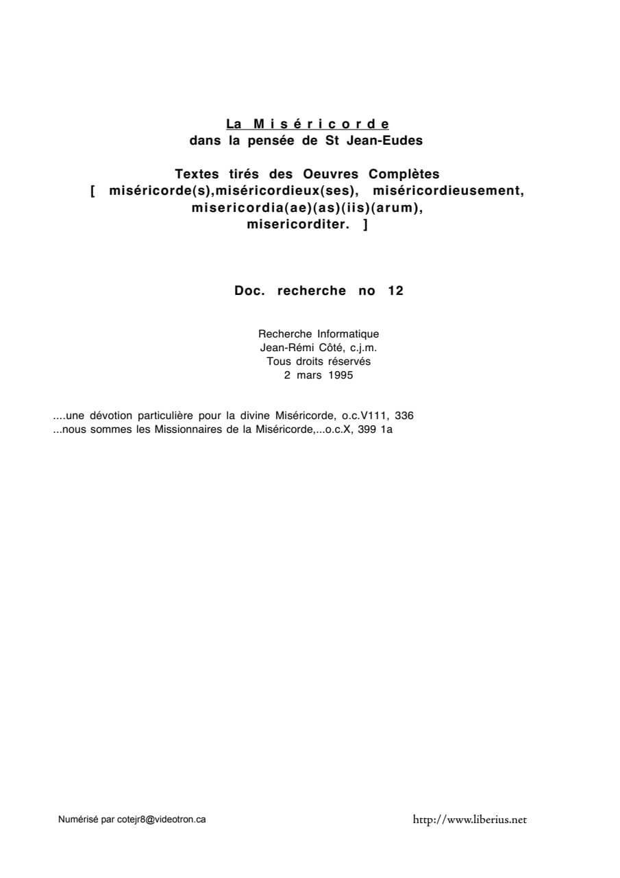 Couverture : La miséricorde dans la pensée de saint Jean Eudes (Anthologie)