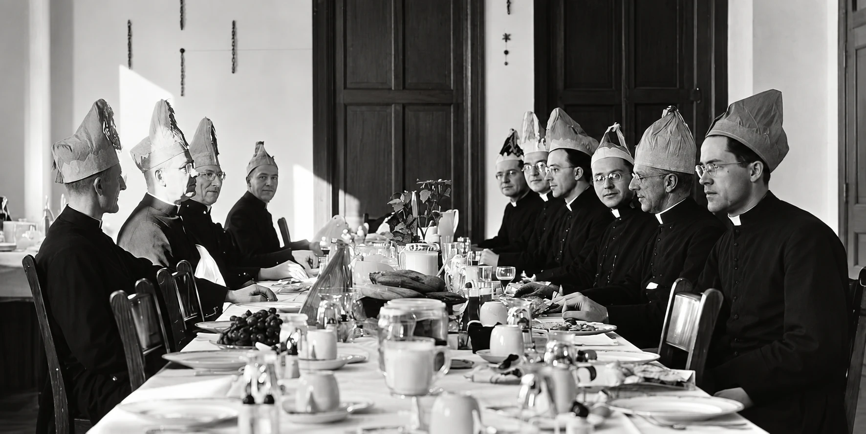 I padri festeggiano nel refettorio nel 1947