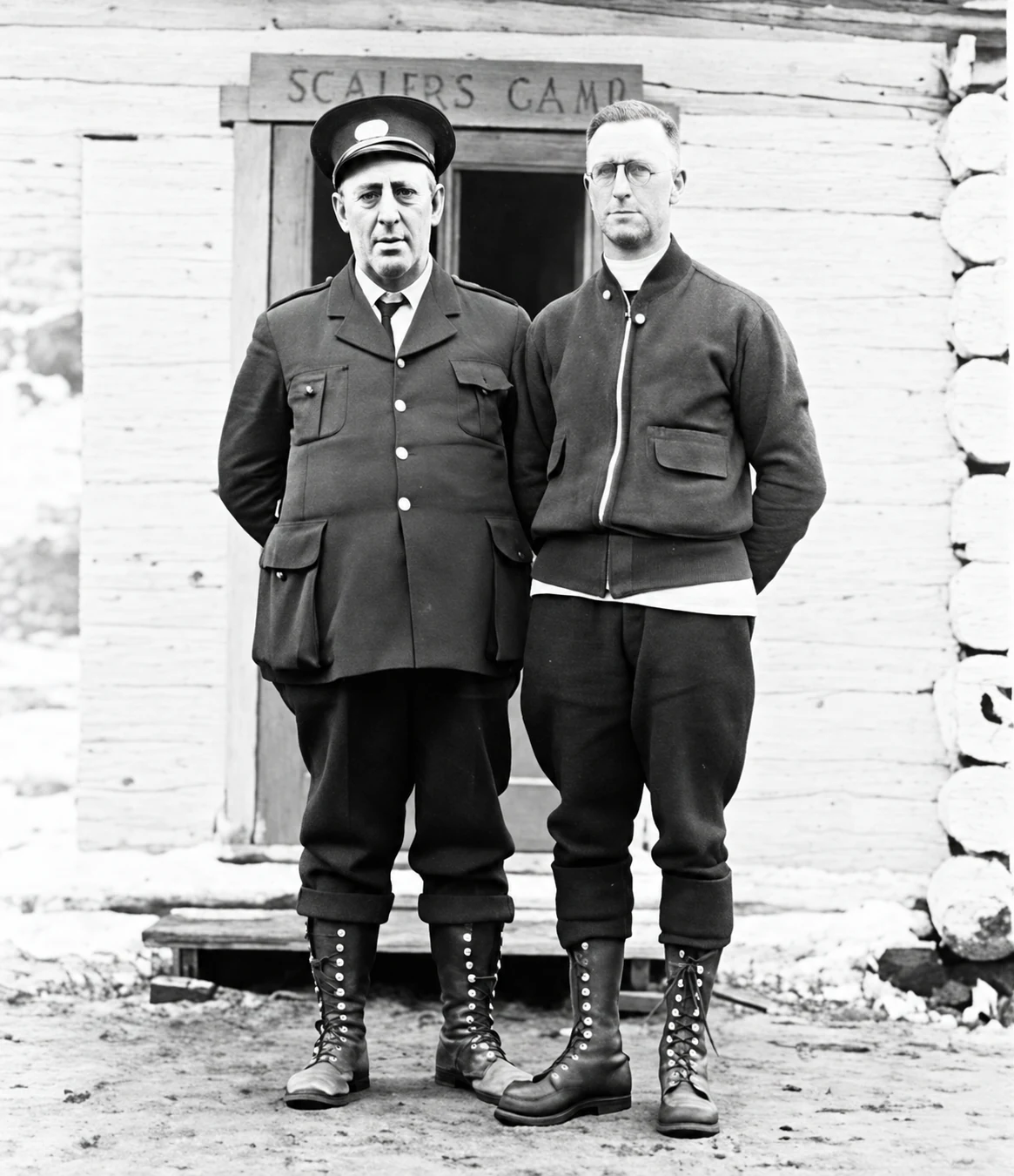 Two missionaries outside a logging camp, restored archival photograph