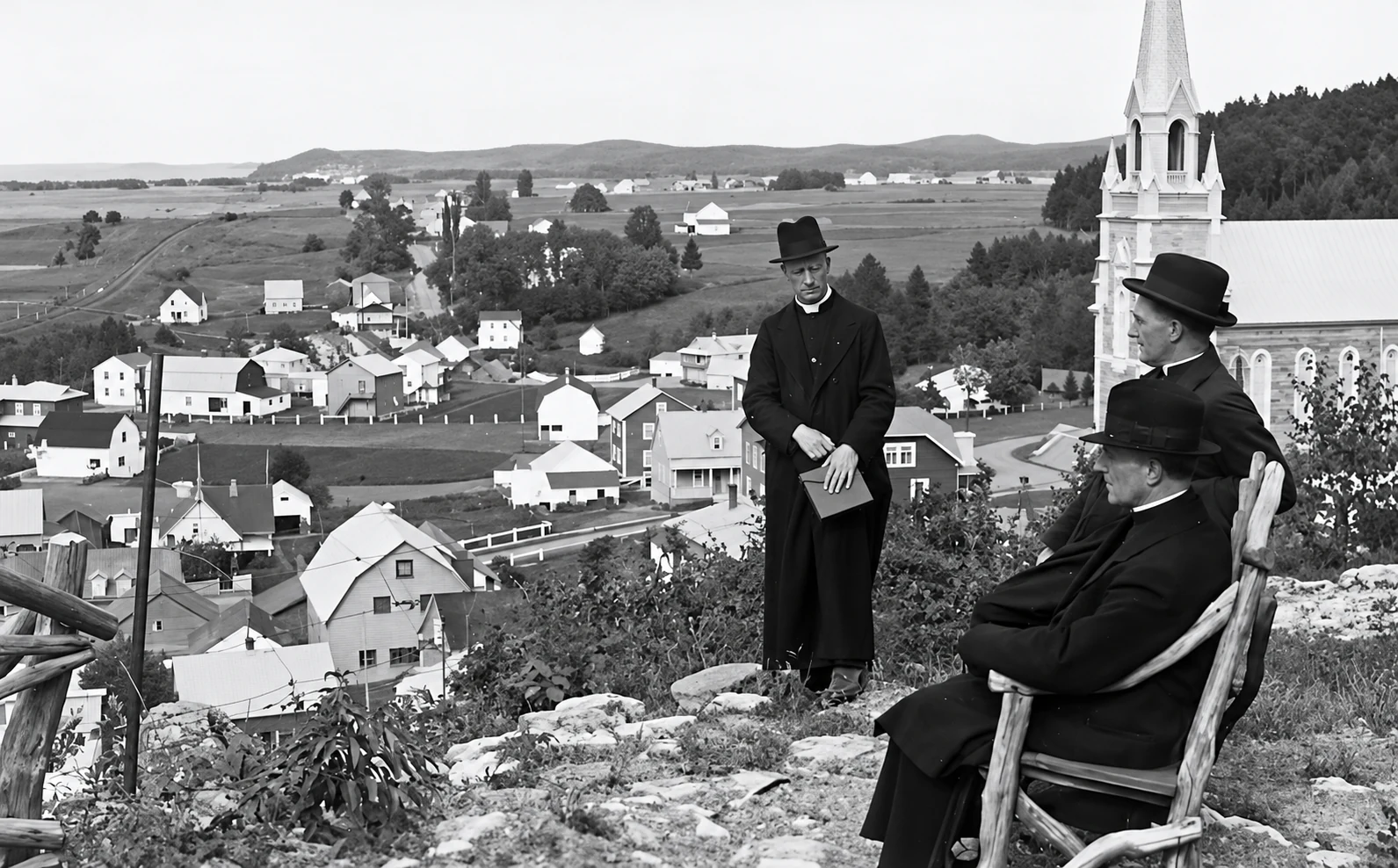 Father Lucien Bourque with Fathers Jauffret and Tressel at Pointe-au-Père, restored photograph