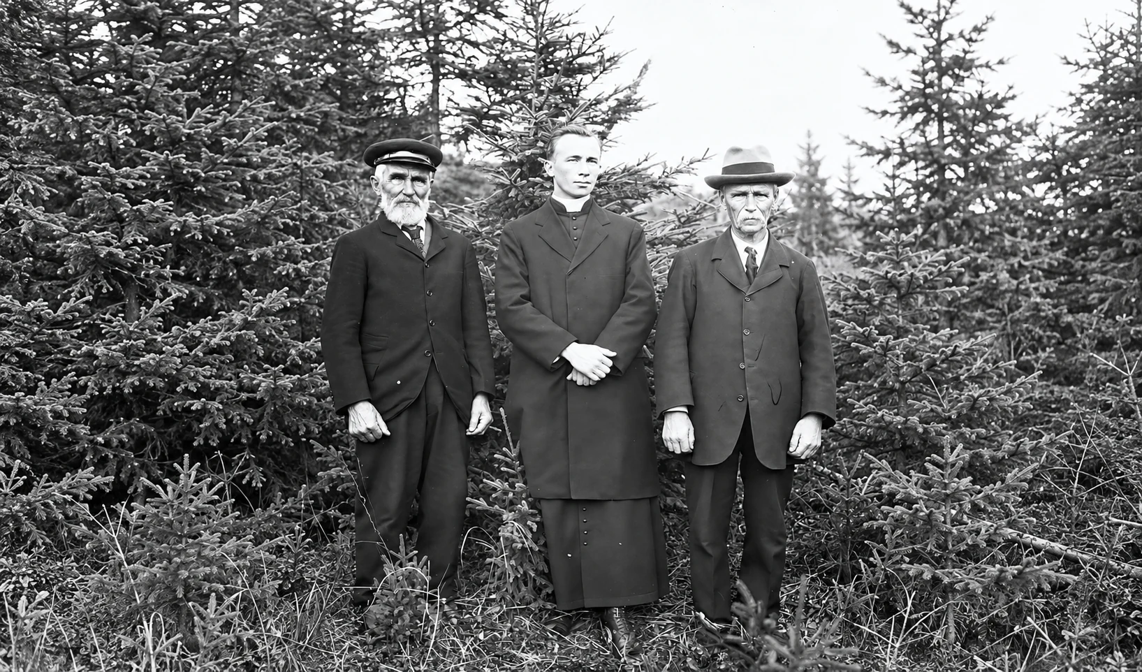Bishop Labrie and two men in front of conifers